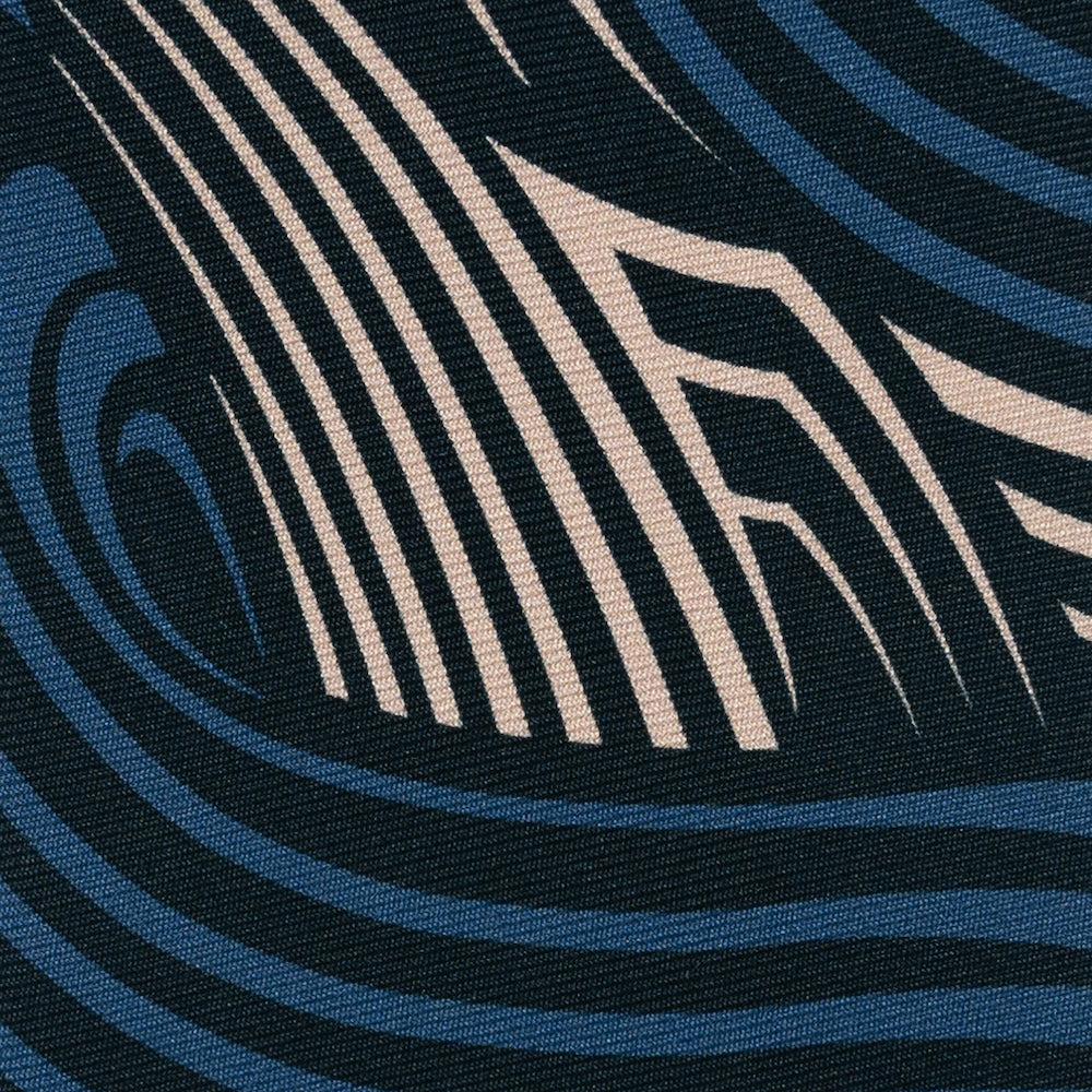 Wave Pattern Dark Navy Blue Beige Printed Silk Tie