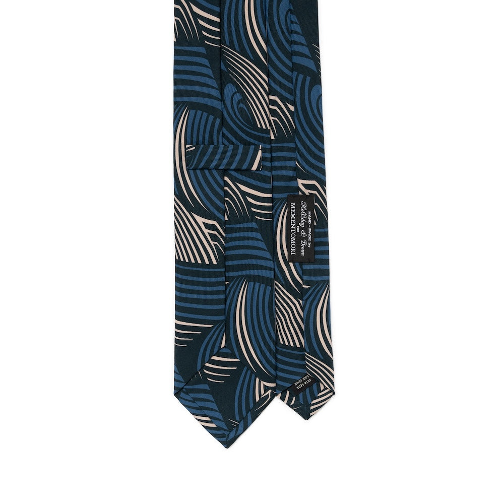 Wave Pattern Dark Navy Blue Beige Printed Silk Tie