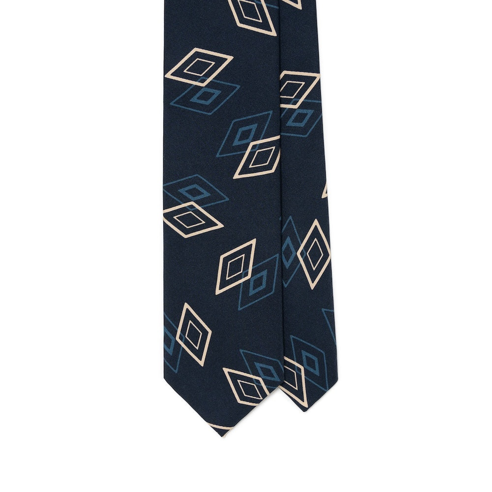Double Diamond Pattern Navy Blue Beige Printed Silk Tie