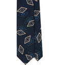 Double Diamond Pattern Navy Blue Beige Printed Silk Tie