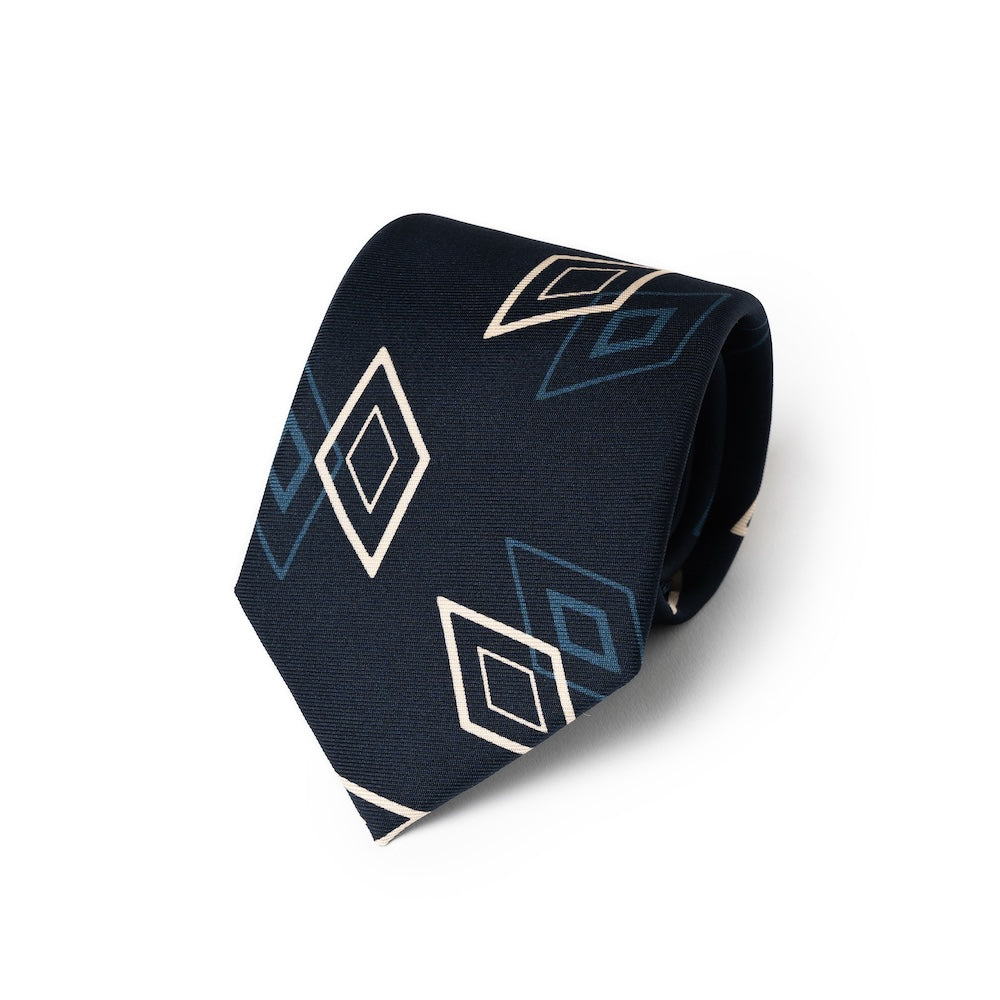 Double Diamond Pattern Navy Blue Beige Printed Silk Tie