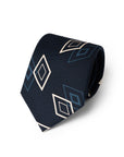 Double Diamond Pattern Navy Blue Beige Printed Silk Tie
