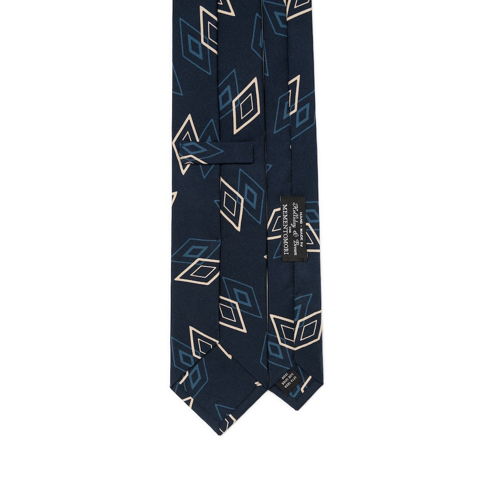 Double Diamond Pattern Navy Blue Beige Printed Silk Tie
