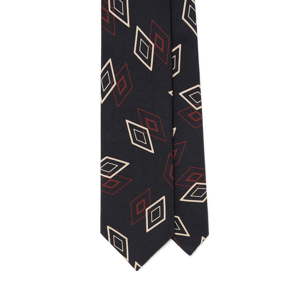 Double Diamond Pattern Black Red Beige Printed Silk Tie