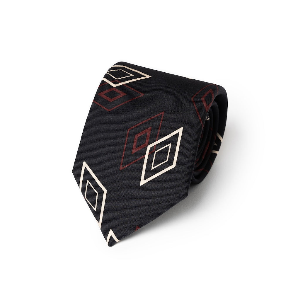Double Diamond Pattern Black Red Beige Printed Silk Tie