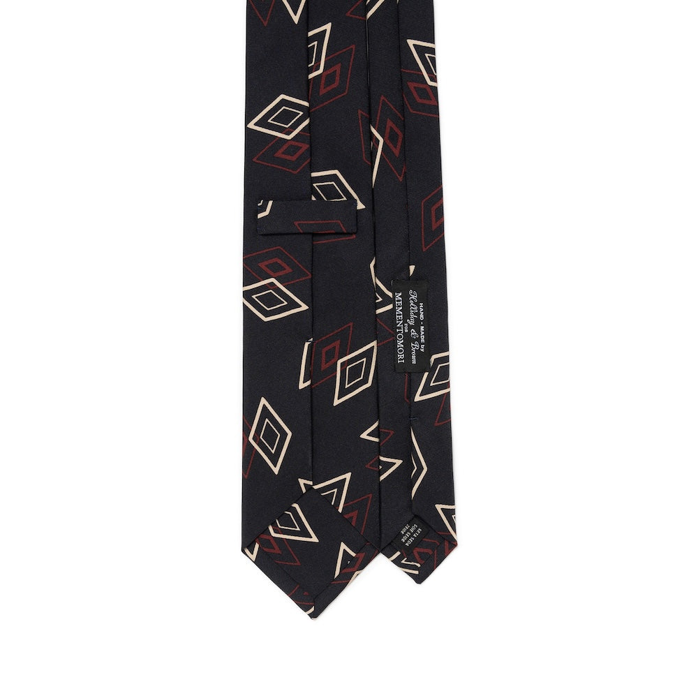 Double Diamond Pattern Black Red Beige Printed Silk Tie