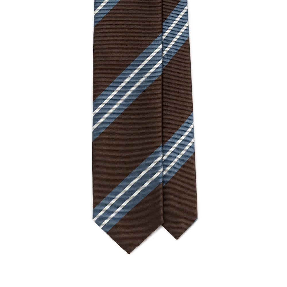 White Double Block Stripe Espresso Brown Blue Woven Silk Tie
