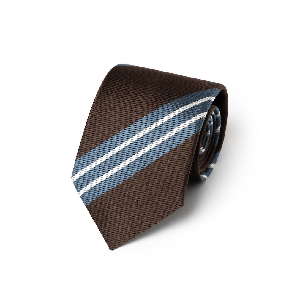 White Double Block Stripe Espresso Brown Blue Woven Silk Tie