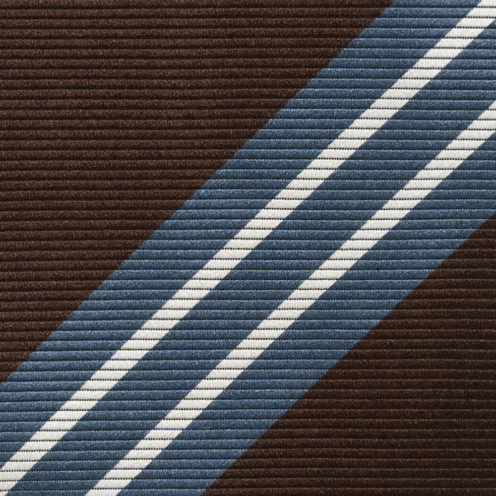 White Double Block Stripe Espresso Brown Blue Woven Silk Tie