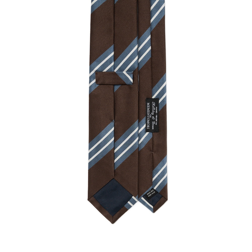 White Double Block Stripe Espresso Brown Blue Woven Silk Tie