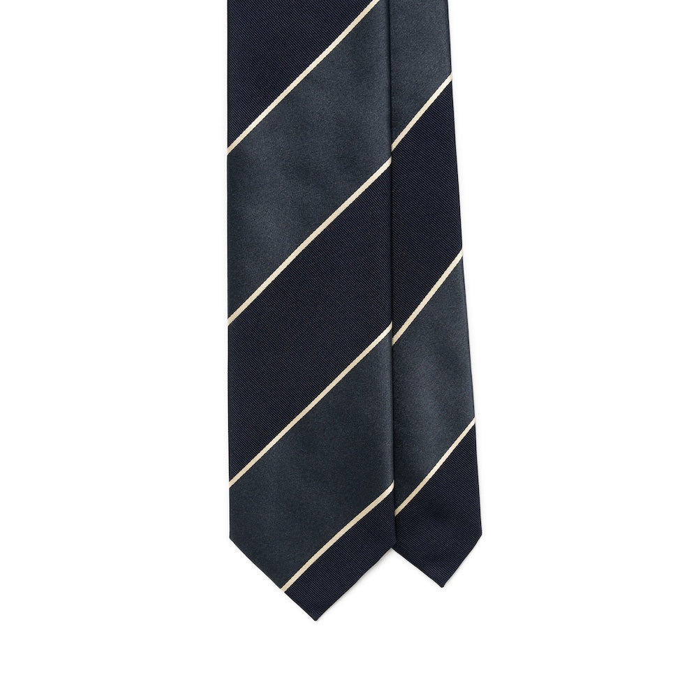 Mix Block Stripe Blue-Gray Satin Dark Navy Twill Woven Silk Tie