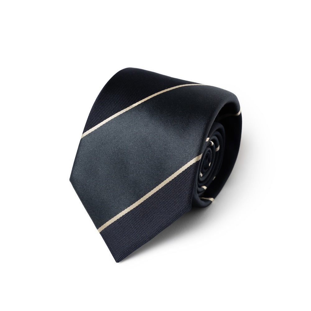 Mix Block Stripe Blue-Gray Satin Dark Navy Twill Woven Silk Tie