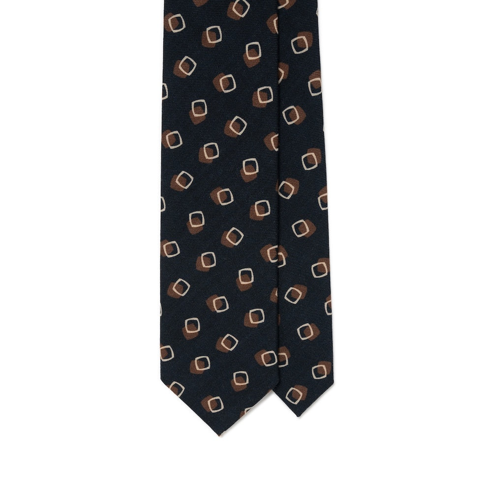 Square Dot Pattern Forest Navy Brown Printed Wool Tie