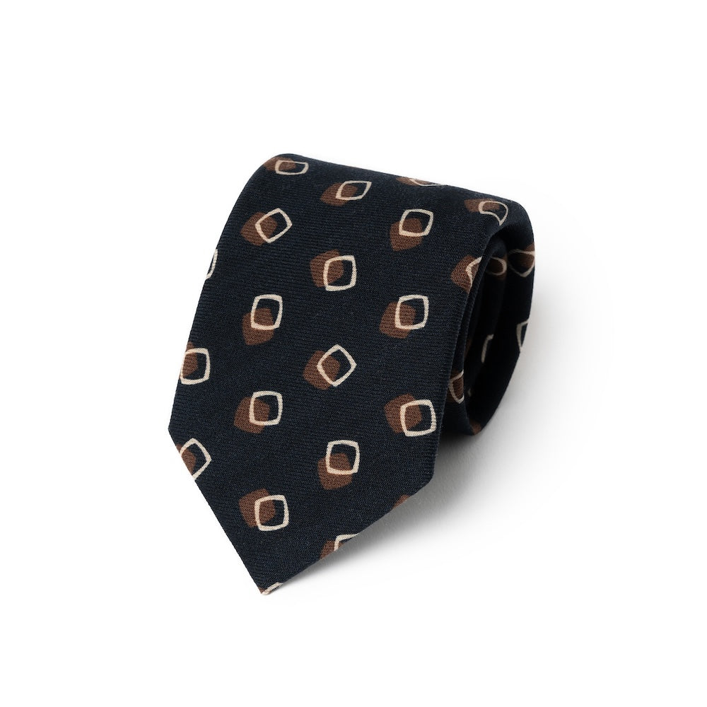Square Dot Pattern Forest Navy Brown Printed Wool Tie