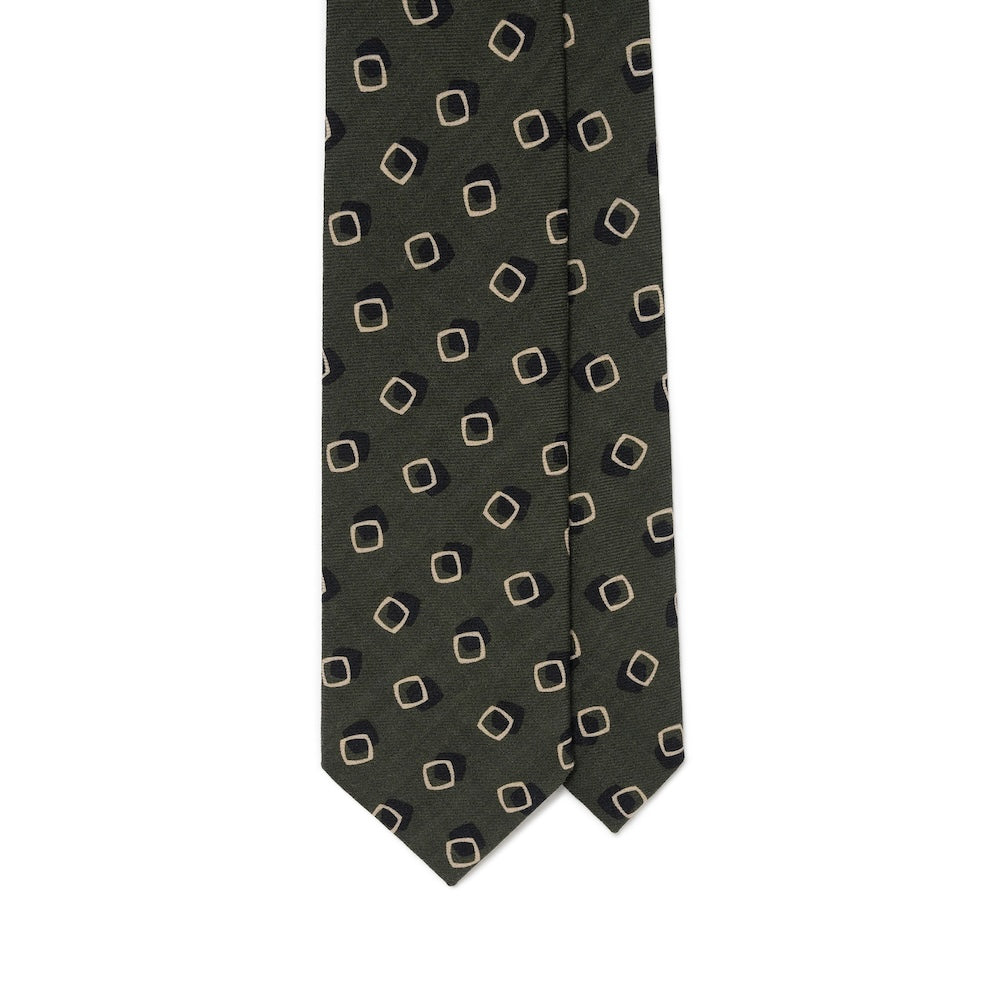 Square Dot Pattern Forest Green Beige Printed Wool Tie
