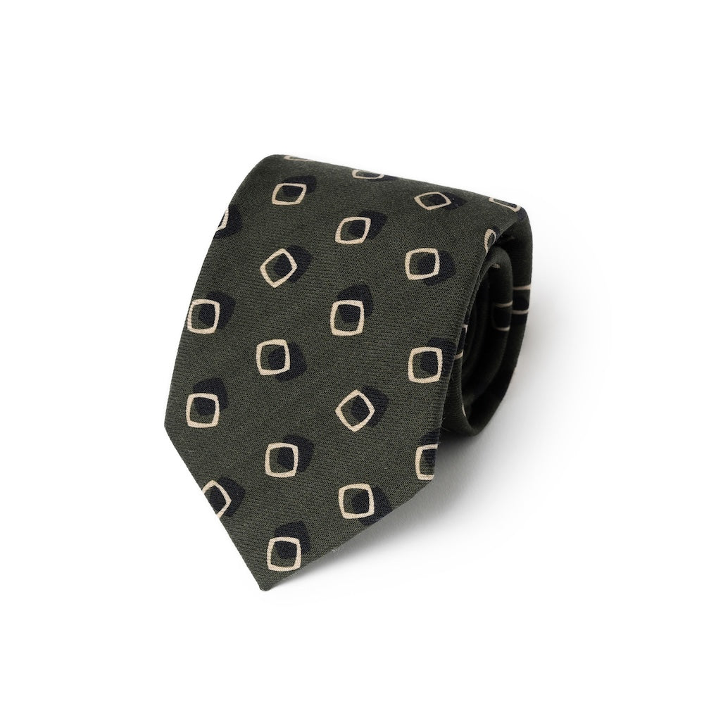 Square Dot Pattern Forest Green Beige Printed Wool Tie