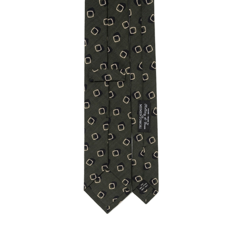 Square Dot Pattern Forest Green Beige Printed Wool Tie