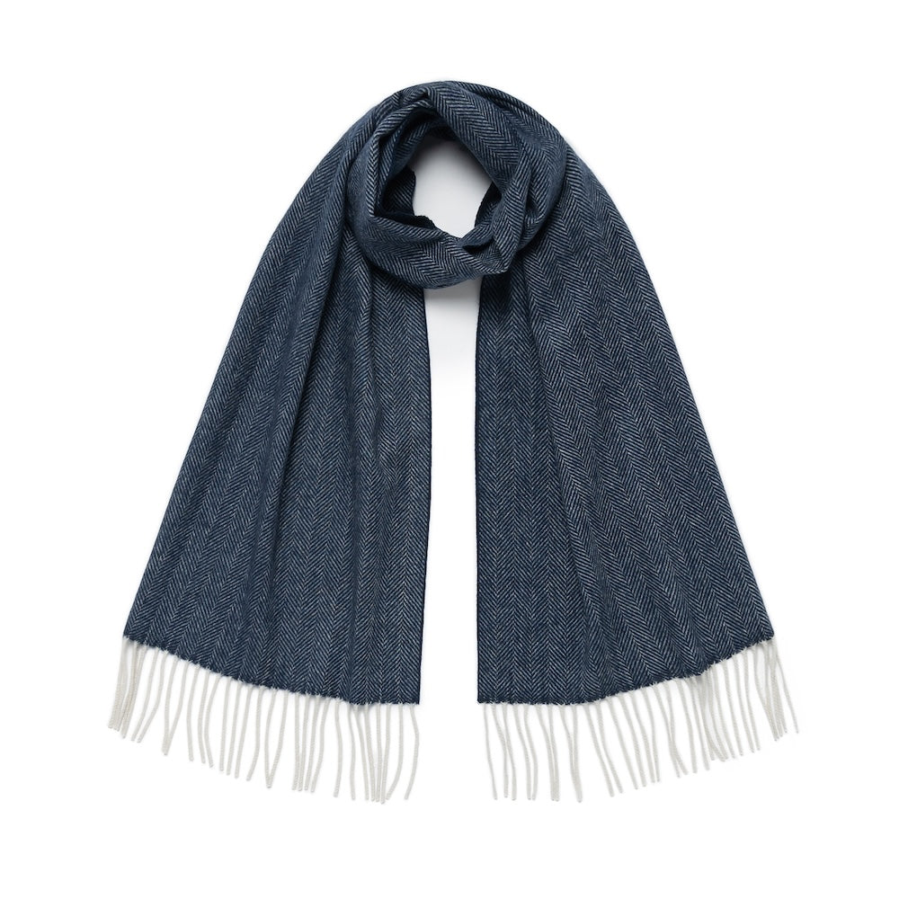 Navy Herringbone Cashmere Scarf