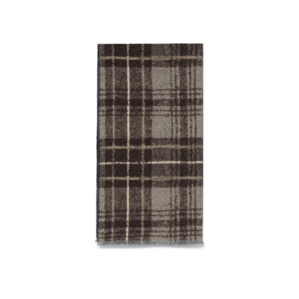 Cappuccino Brown Check Pattern &amp; Indigo Blue Solid Double Face Wool Scarf