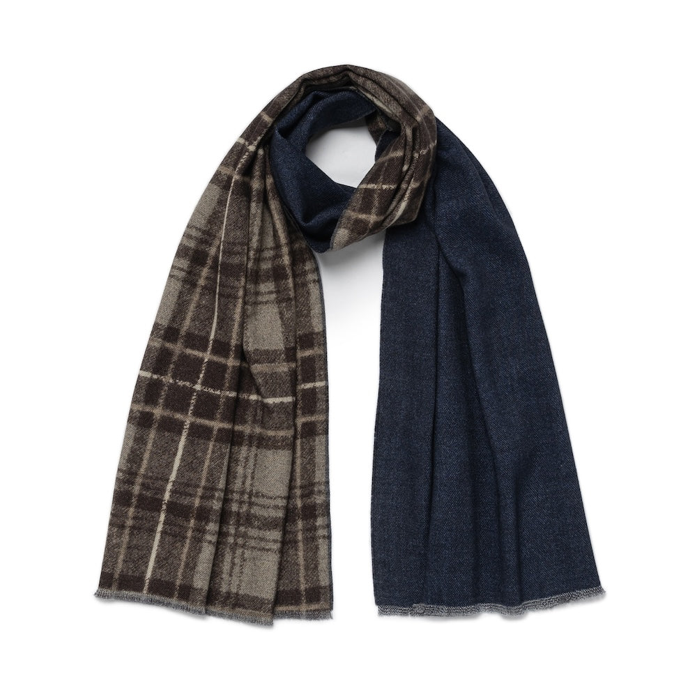 Cappuccino Brown Check Pattern &amp; Indigo Blue Solid Double Face Wool Scarf