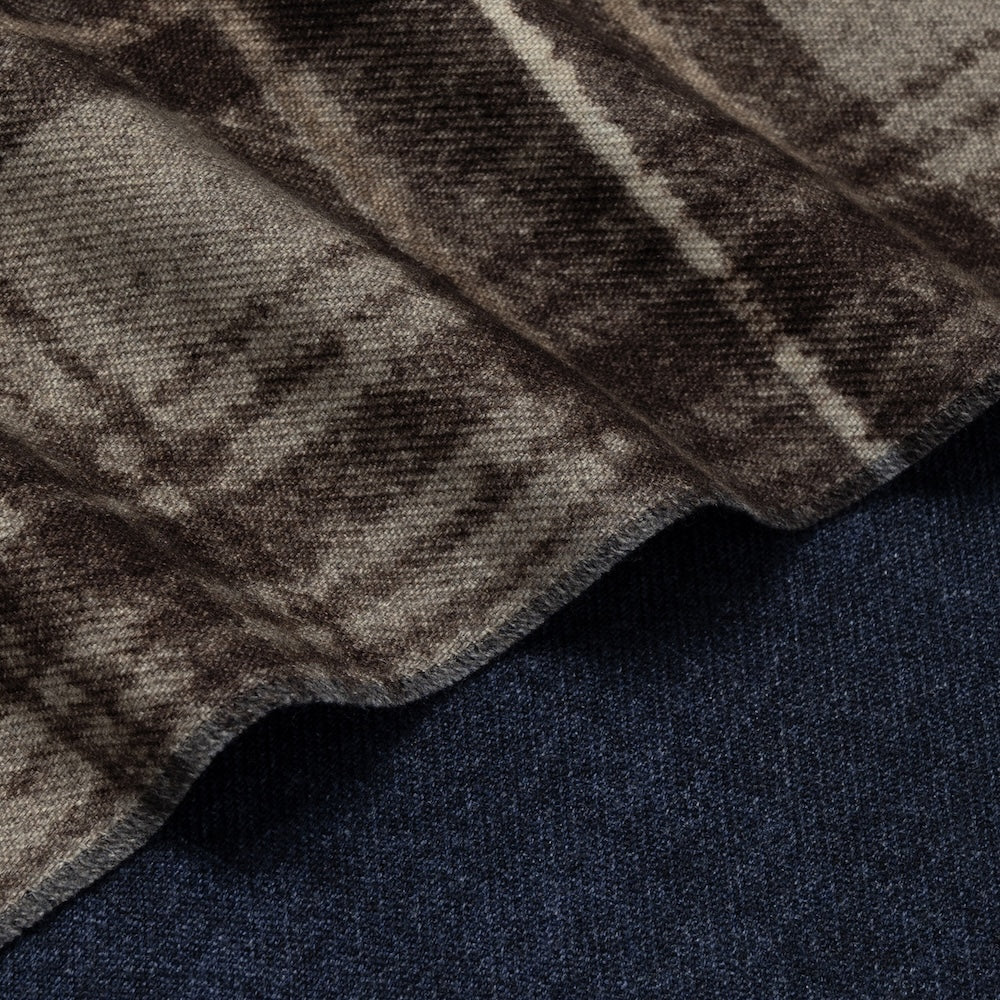 Cappuccino Brown Check Pattern &amp; Indigo Blue Solid Double Face Wool Scarf