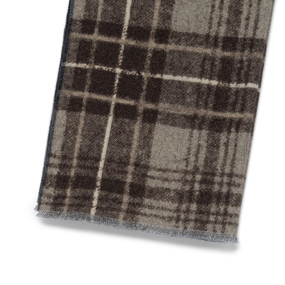 Cappuccino Brown Check Pattern &amp; Indigo Blue Solid Double Face Wool Scarf