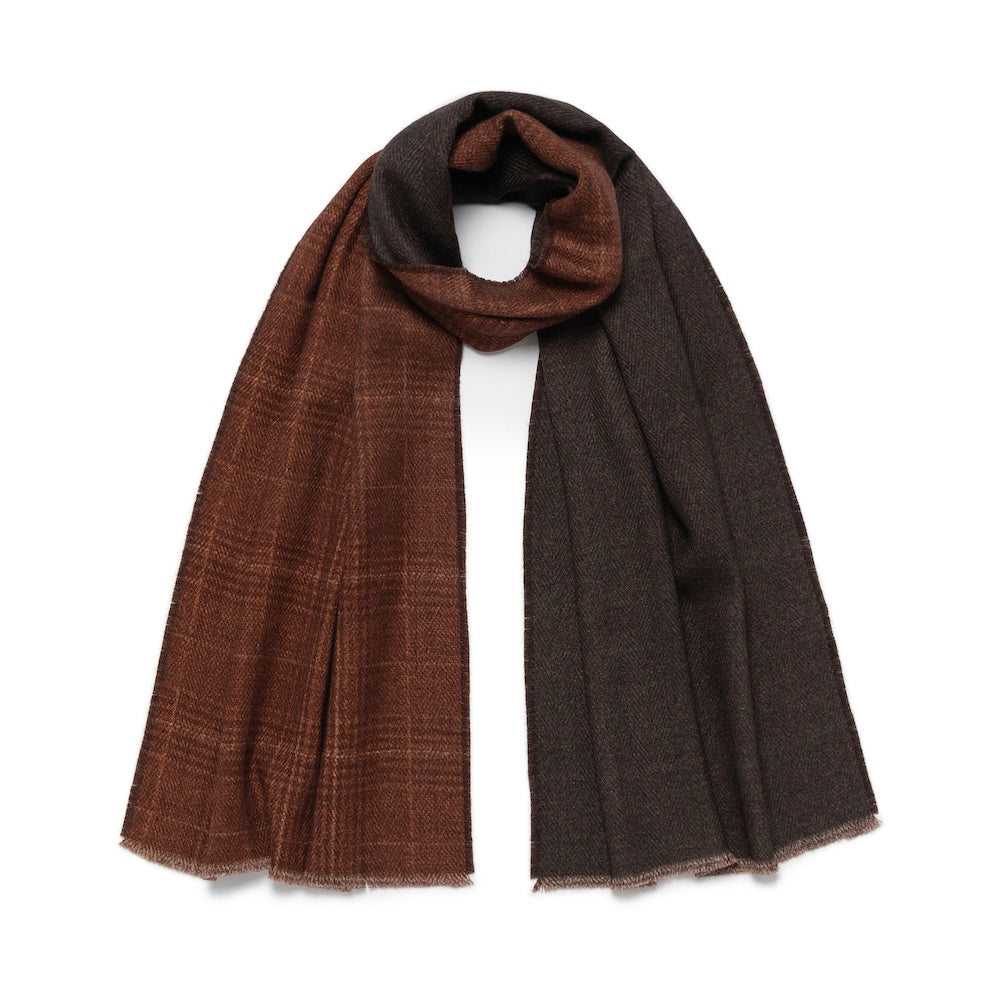 Maple Brown Check Pattern &amp; Dark Brown Solid Double Face Wool Scarf
