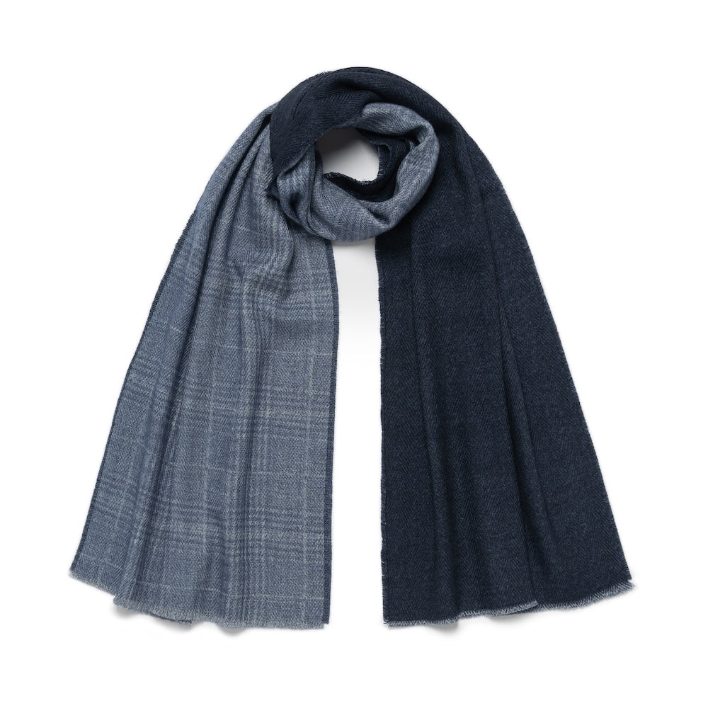 Cozy Blue Check Pattern &amp; Navy Solid Double Face Wool Scarf