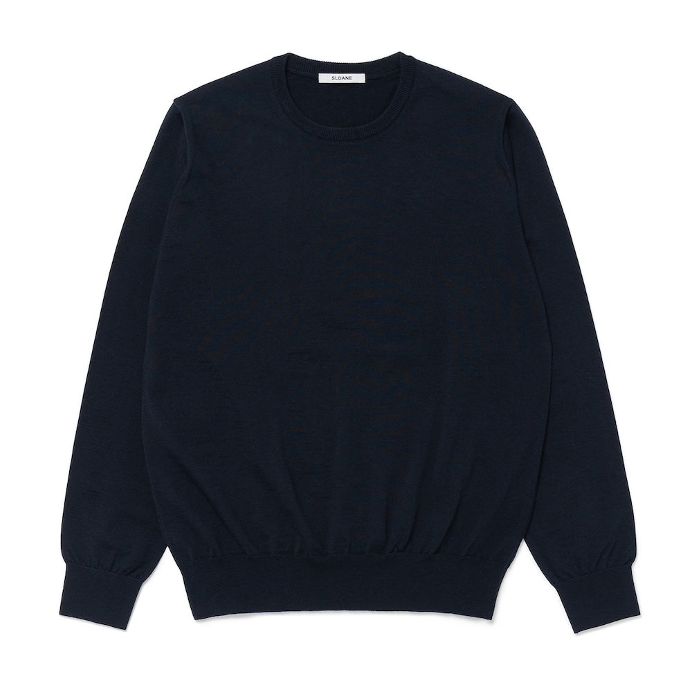 30 Gauge Super Fine Merino Wool High Gauge Navy Crew Neck Knit
