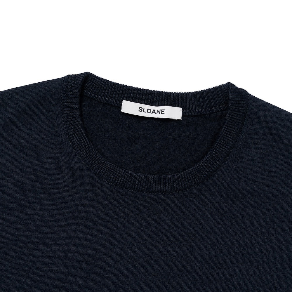 30 Gauge Super Fine Merino Wool High Gauge Navy Crew Neck Knit
