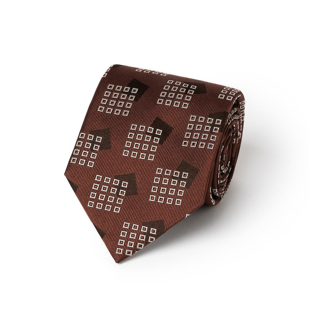 Block Pattern Tie Square Block Pattern Brick Brown Woven Silk Tie – MEMENTOMORI