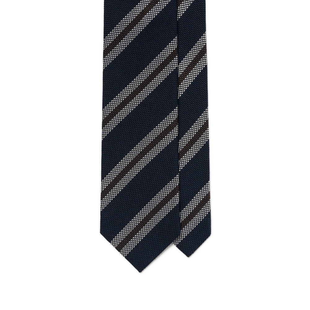 Classic Stripe Dark Navy, Brown, and White Textured Woven Silk Tie