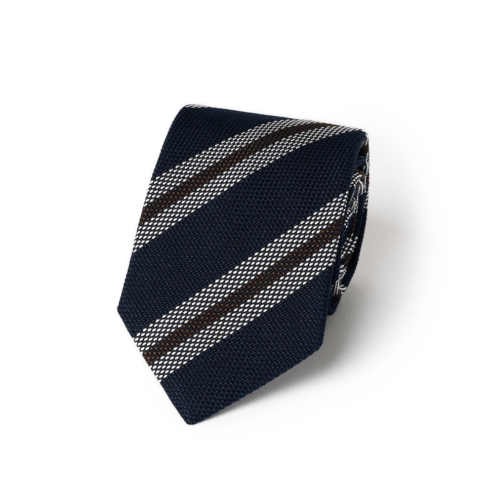Classic Stripe Dark Navy, Brown, and White Textured Woven Silk Tie