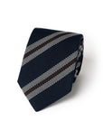 Classic Stripe Dark Navy, Brown, and White Textured Woven Silk Tie