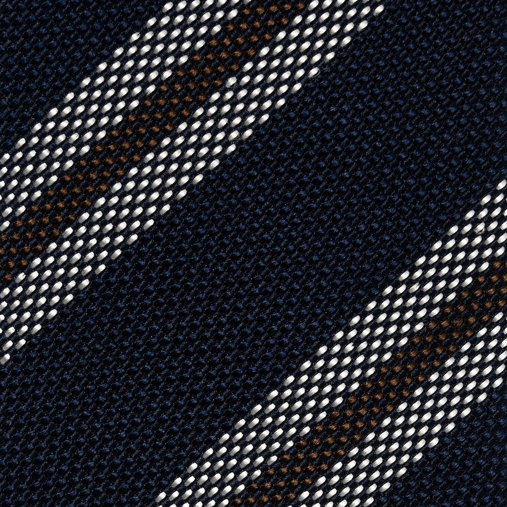 Classic Stripe Dark Navy, Brown, and White Textured Woven Silk Tie