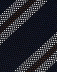 Classic Stripe Dark Navy, Brown, and White Textured Woven Silk Tie