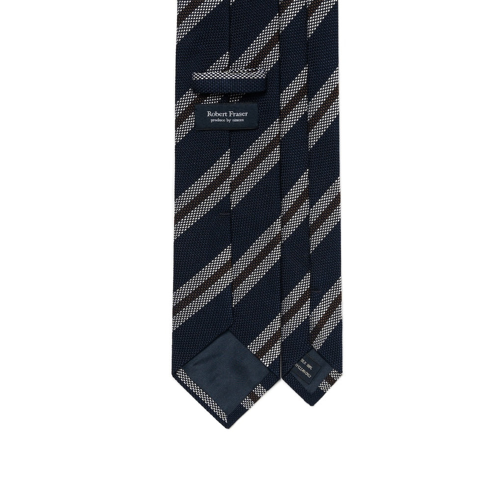 Classic Stripe Dark Navy, Brown, and White Textured Woven Silk Tie