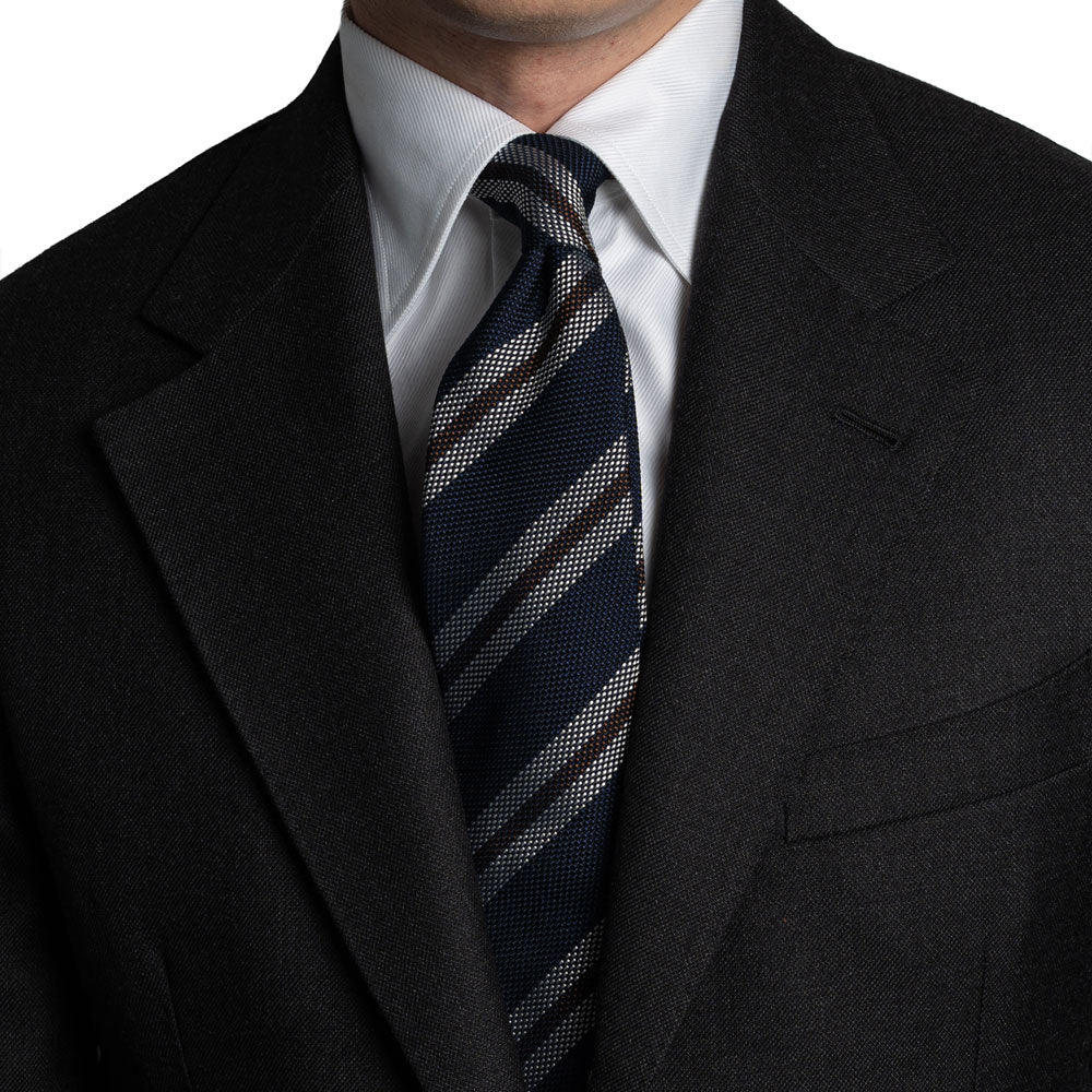 Classic Stripe Dark Navy, Brown, and White Textured Woven Silk Tie