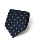 Brown & Yellow Petite Flower Pattern Dark Navy Printed Silk Tie