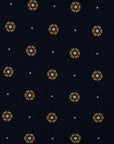 Brown & Yellow Petite Flower Pattern Dark Navy Printed Silk Tie