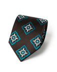 100th Anniversary Medallion Pattern Dark Brown Satin Woven Silk Tie