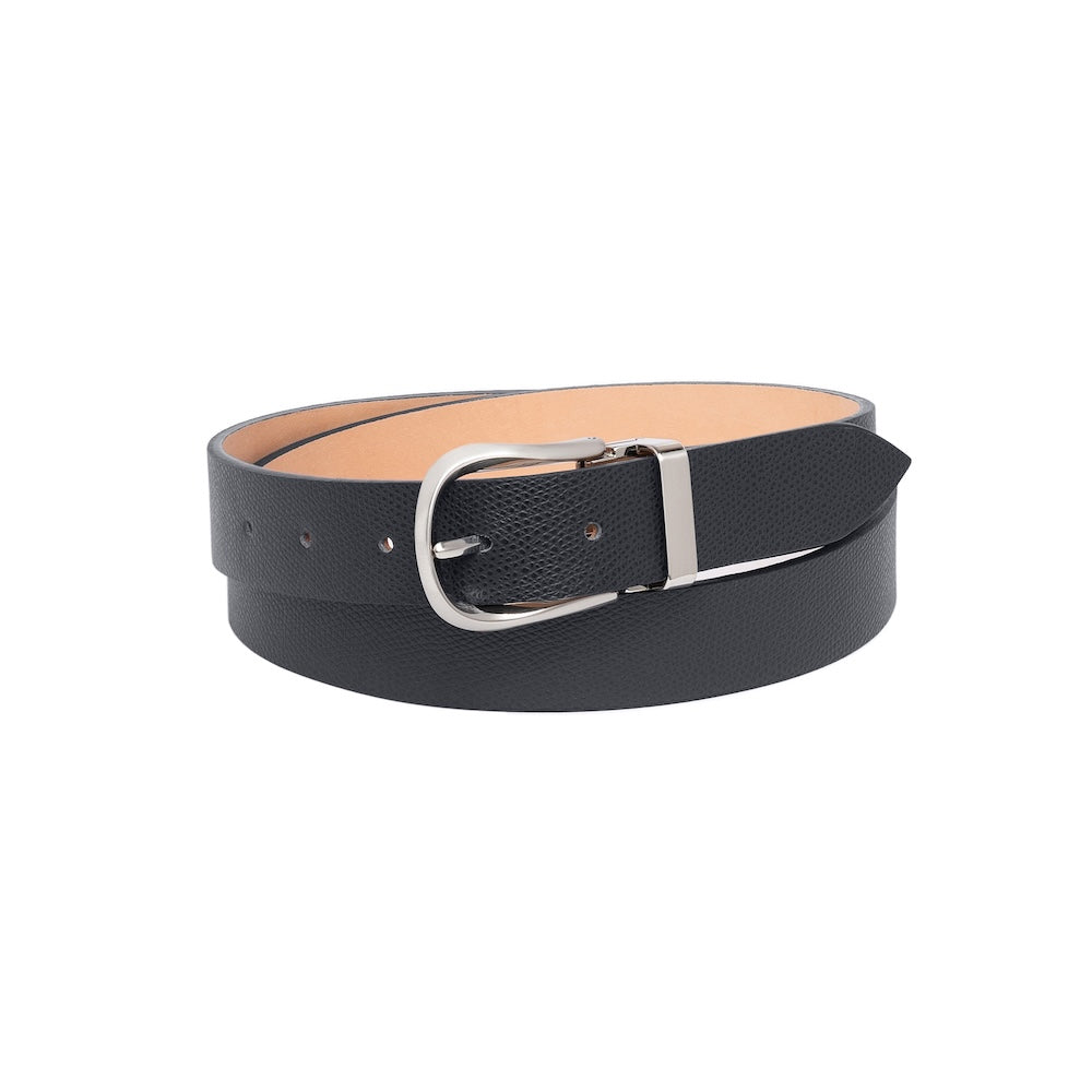 Jet Black Grained Calf Leather Horseshoe Buckle Adjustable Belt