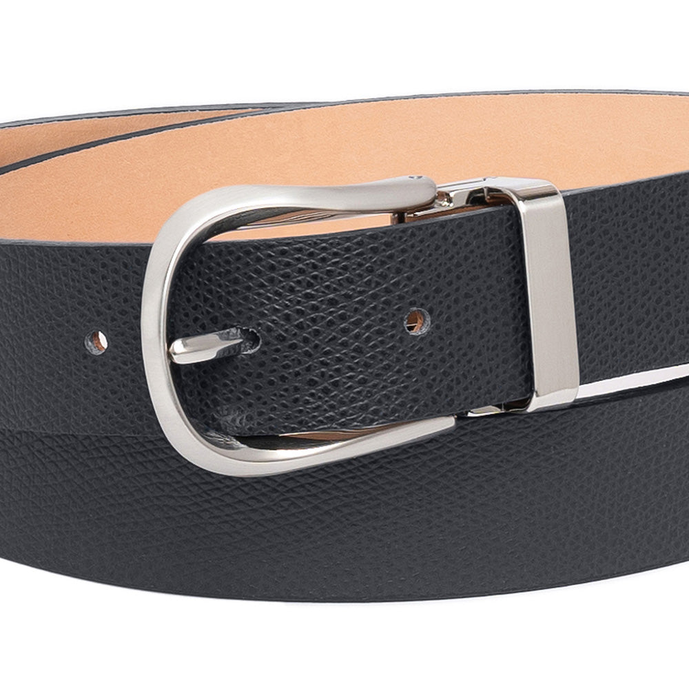 Jet Black Grained Calf Leather Horseshoe Buckle Adjustable Belt