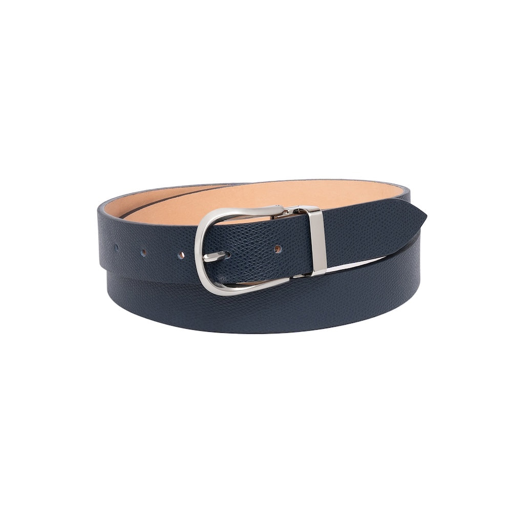 Dark Navy Grained Calf Leather Horseshoe Buckle Adjustable Belt