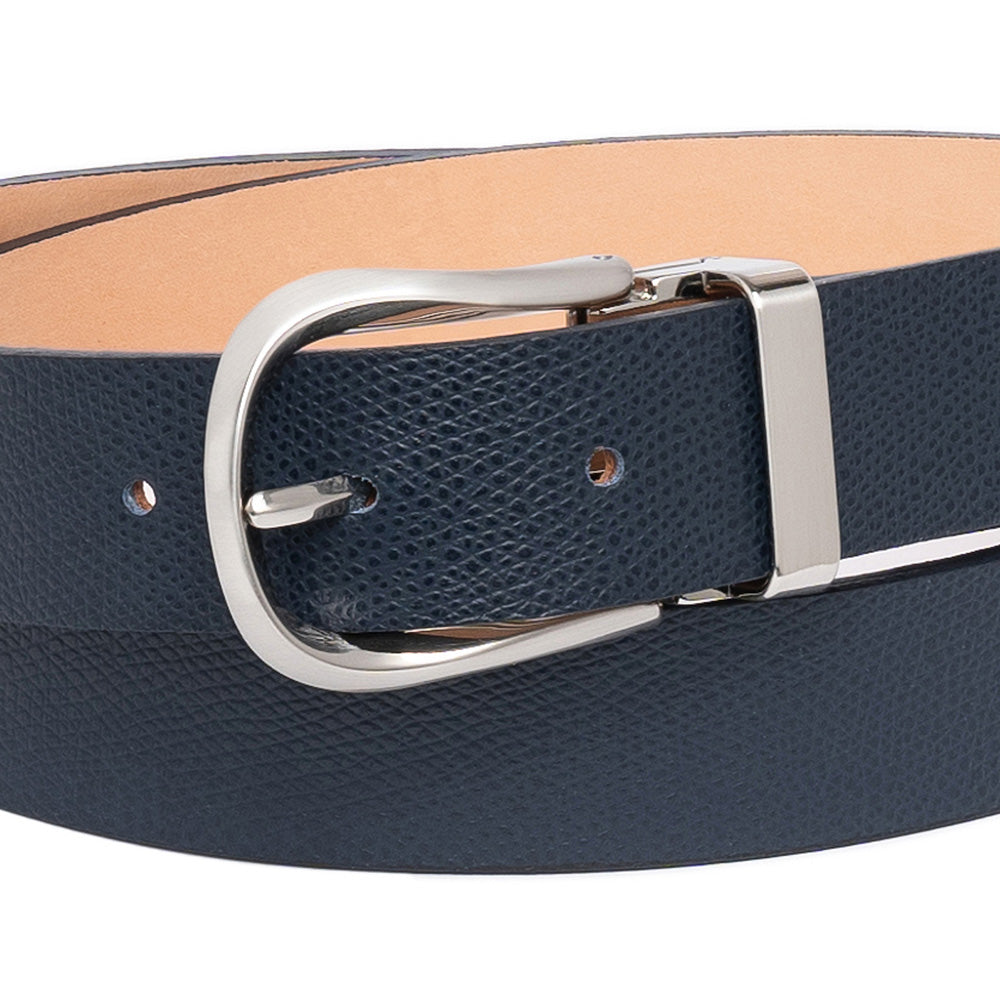 Dark Navy Grained Calf Leather Horseshoe Buckle Adjustable Belt