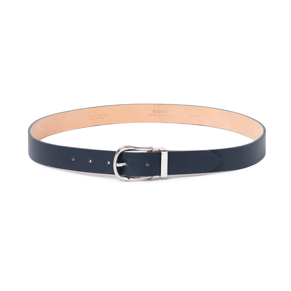 Dark Navy Grained Calf Leather Horseshoe Buckle Adjustable Belt