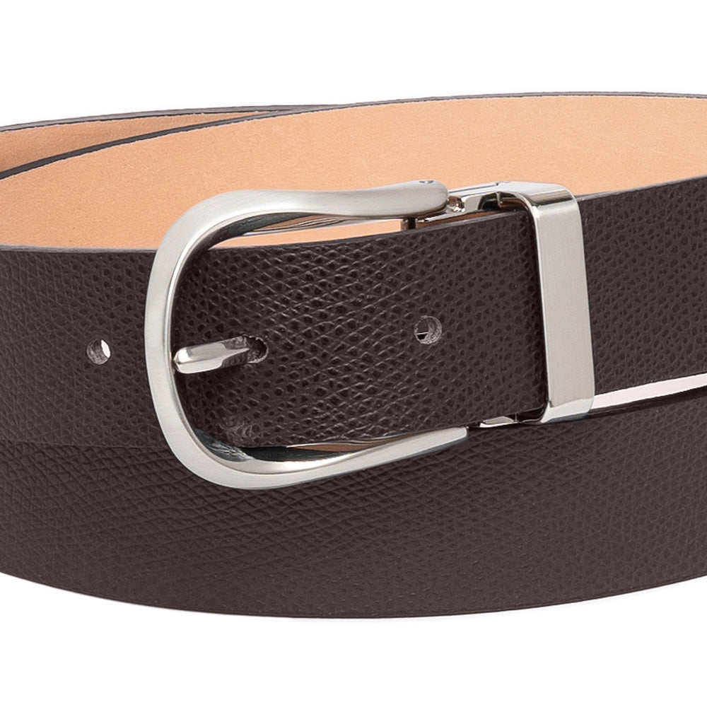 Espresso Brown Grained Calf Leather Horseshoe Buckle Adjustable Belt