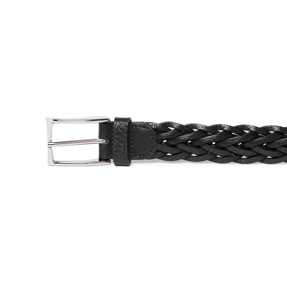 Jet Black Braided Calf Leather Square Buckle Belt