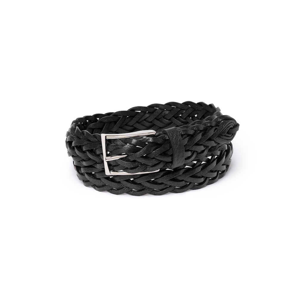 Jet Black Braided Calf Leather Square Buckle Belt