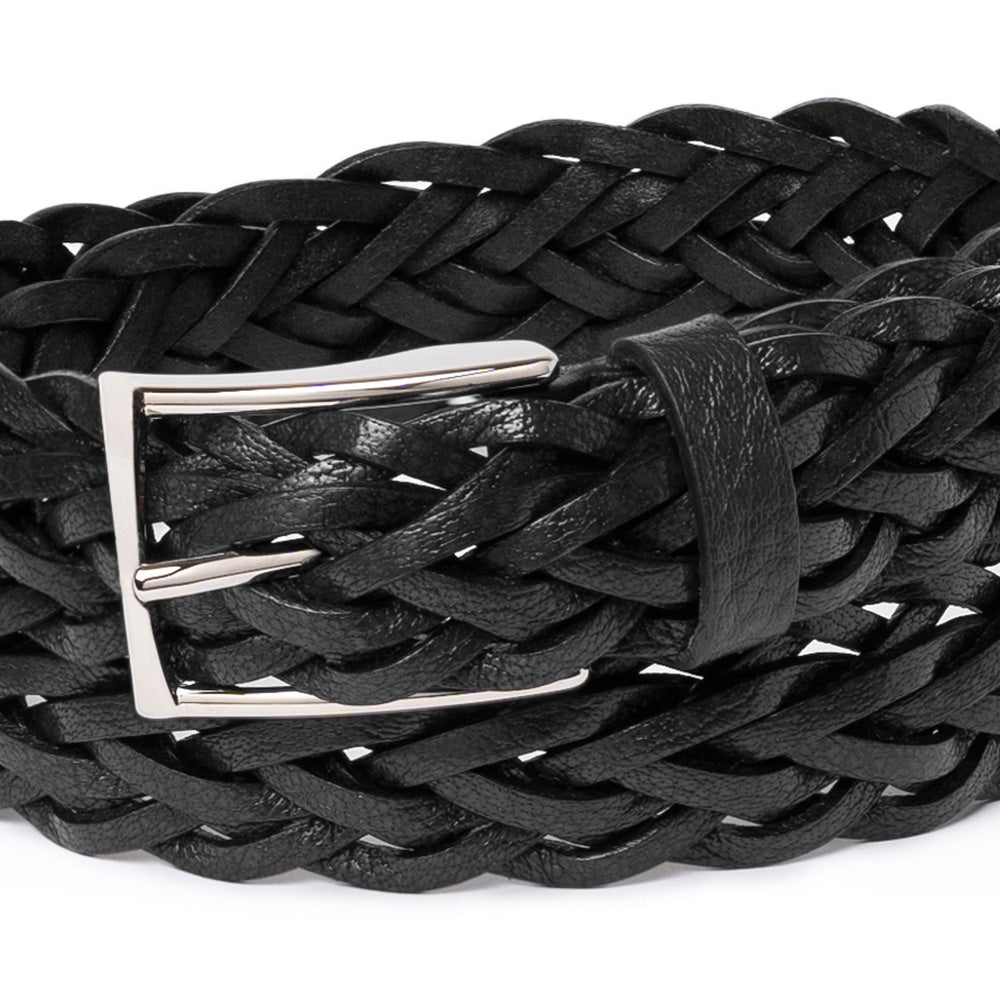 Jet Black Braided Calf Leather Square Buckle Belt